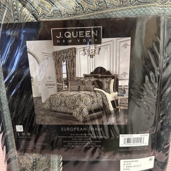 J. Queen New York Cascade Glacier Velvet Euro Sham 26" X 26" Black Blue Gold - Picture 6 of 9